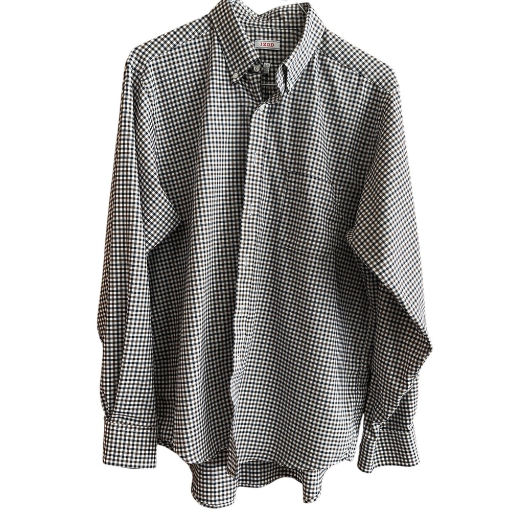 IZOD Classic Fit Stretch Gingham Button Down Shirt Brown Blue 17-17.5 36/37